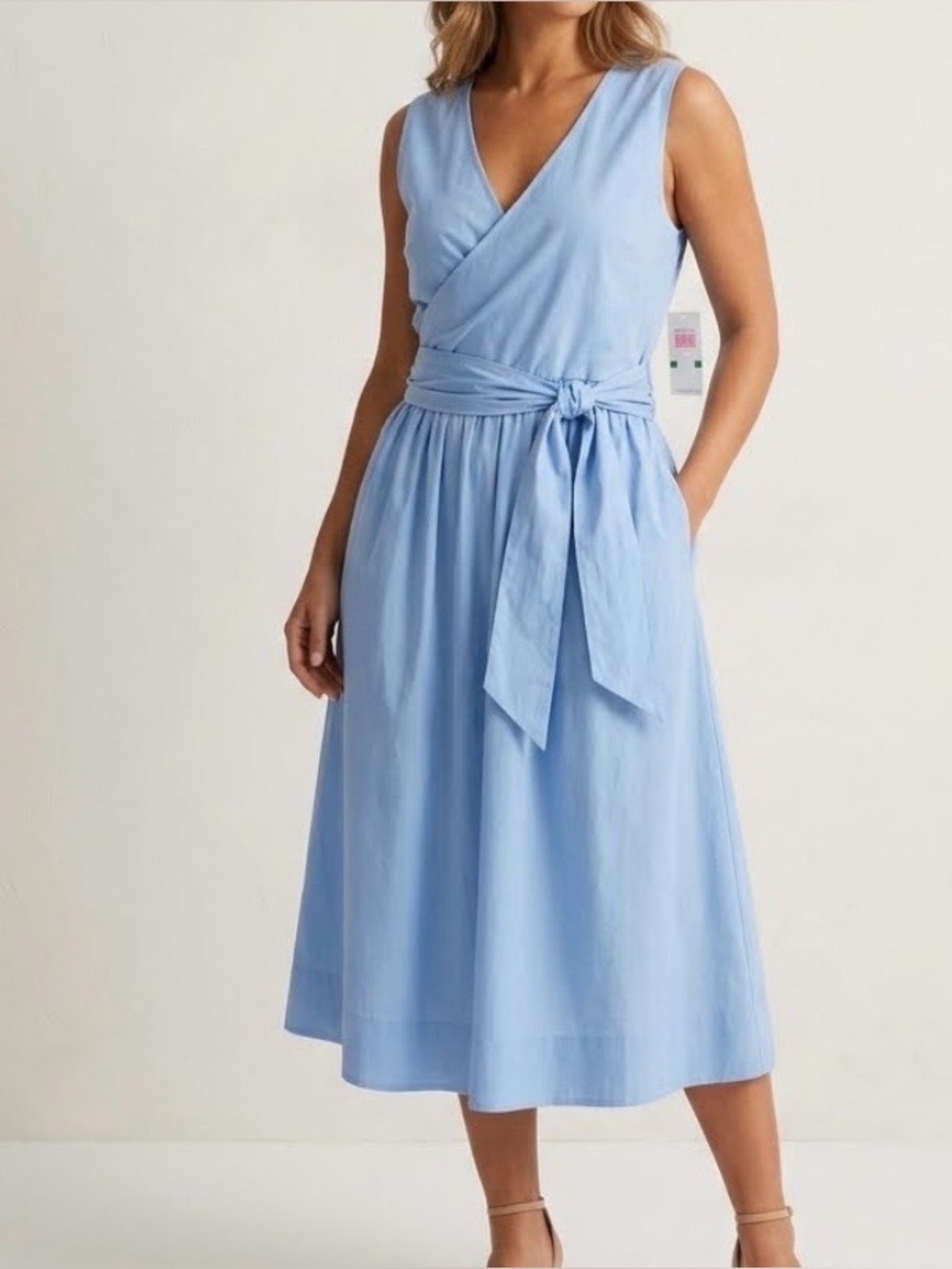 NWT Gibson Latimer Dress Sleeveless Blue 100% Cotton Faux Wrap Pockets Size L - Picture 1 of 8